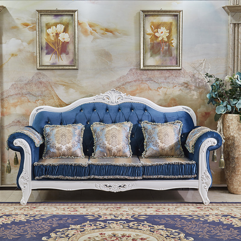 Velvet Rolled Arm Standard Sofa Couch with Pillows for Three People Dark Blue-White Clearhalo 'furn' 'furn_sofas' 'Furniture' 'furniture_sofas' 'Living Room Furniture' 'Sofa' 'sofas' 4895941