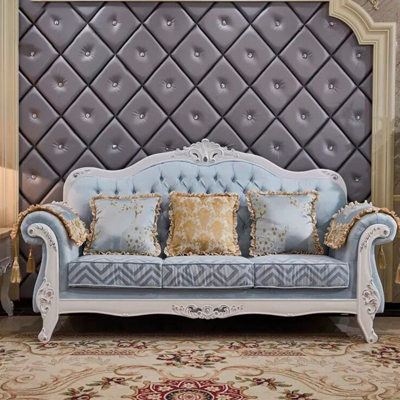 Velvet Rolled Arm Standard Sofa Couch with Pillows for Three People Sky Blue Clearhalo 'furn' 'furn_sofas' 'Furniture' 'furniture_sofas' 'Living Room Furniture' 'Sofa' 'sofas' 4895945