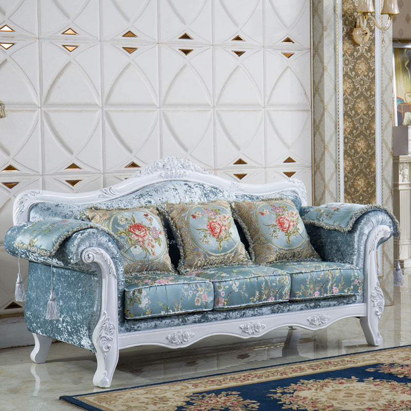 Contemporary Standard Rolled Arm Velvet Sofa Couch for Three People Sky Blue-White Clearhalo 'furn' 'furn_sofas' 'Furniture' 'furniture_sofas' 'Living Room Furniture' 'Sofa' 'sofas' 4895975
