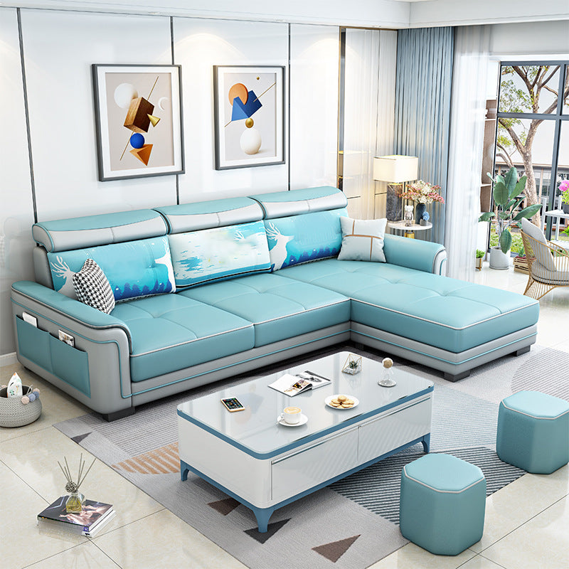 L-Shape Pillowed Top Arm Sectionals 3-seat Storage Sofa with Ottoman for Apartment Blue Clearhalo 'Furniture' 'furniture_sectionals' 'Living Room Furniture' 'Sectionals' 4896106