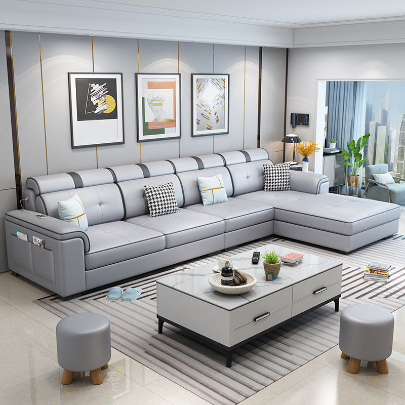 L-shape Sofa Faux Leather/Linen Sectionals with Reversible Chaise and Storage Light Gray Clearhalo 'furn' 'furn_sectionals' 'Furniture' 'furniture_sectionals' 'Living Room Furniture' 'Sectionals' 4896143