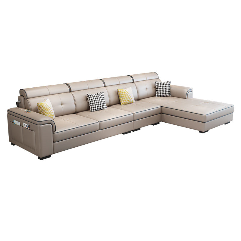 L-shape Sofa Faux Leather/Linen Sectionals with Reversible Chaise and Storage Khaki Clearhalo 'furn' 'furn_sectionals' 'Furniture' 'furniture_sectionals' 'Living Room Furniture' 'Sectionals' 4896144