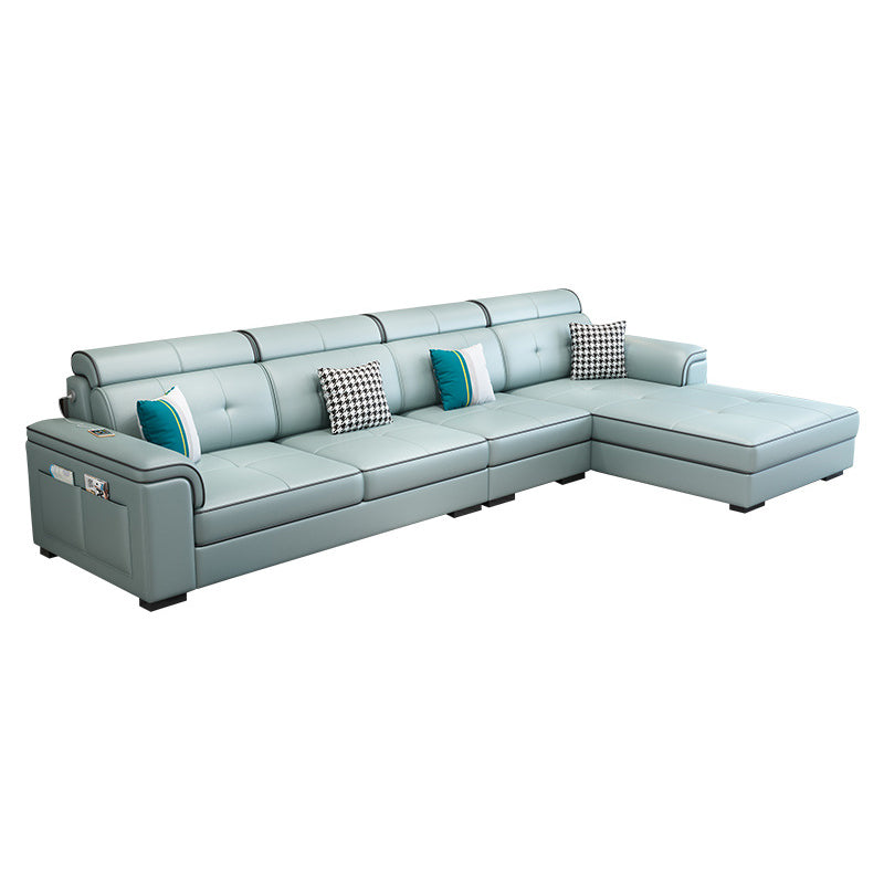 L-shape Sofa Faux Leather/Linen Sectionals with Reversible Chaise and Storage Lake Green Clearhalo 'furn' 'furn_sectionals' 'Furniture' 'furniture_sectionals' 'Living Room Furniture' 'Sectionals' 4896145