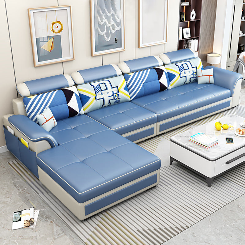 Left Facing Sofa Faux Leather/Linen Blend L-shape Sectionals with Chaise Dark Blue Foam Clearhalo 'furn' 'furn_sectionals' 'Furniture' 'furniture_sectionals' 'Living Room Furniture' 'Sectionals' 4896224