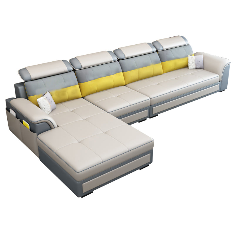 Left Facing Sofa Faux Leather/Linen Blend L-shape Sectionals with Chaise Khaki Clearhalo 'furn' 'furn_sectionals' 'Furniture' 'furniture_sectionals' 'Living Room Furniture' 'Sectionals' 4896227