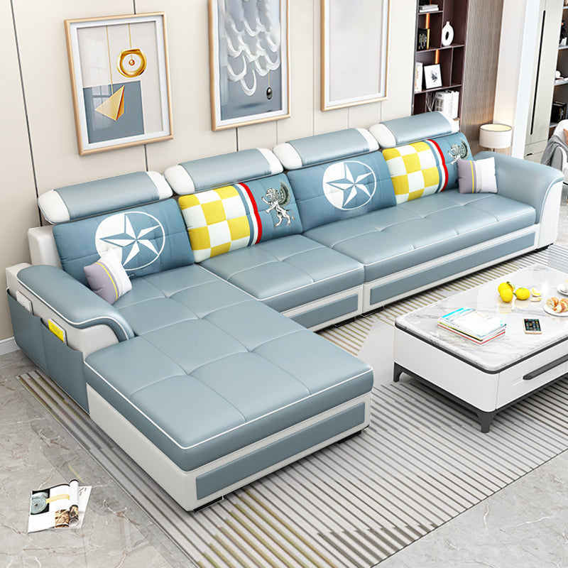 Left Facing Sofa Faux Leather/Linen Blend L-shape Sectionals with Chaise Light Blue Foam Clearhalo 'furn' 'furn_sectionals' 'Furniture' 'furniture_sectionals' 'Living Room Furniture' 'Sectionals' 4896228