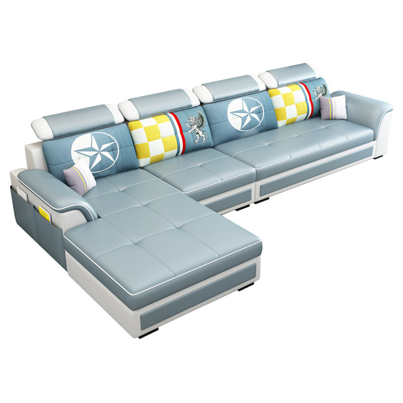 Left Facing Sofa Faux Leather/Linen Blend L-shape Sectionals with Chaise Light Blue Latex Clearhalo 'furn' 'furn_sectionals' 'Furniture' 'furniture_sectionals' 'Living Room Furniture' 'Sectionals' 4896231