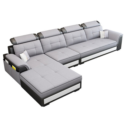 Left Facing Sofa Faux Leather/Linen Blend L-shape Sectionals with Chaise Grey Clearhalo 'furn' 'furn_sectionals' 'Furniture' 'furniture_sectionals' 'Living Room Furniture' 'Sectionals' 4896232