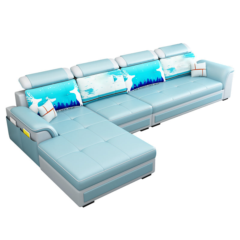 Left Facing Sofa Faux Leather/Linen Blend L-shape Sectionals with Chaise Blue Clearhalo 'furn' 'furn_sectionals' 'Furniture' 'furniture_sectionals' 'Living Room Furniture' 'Sectionals' 4896234