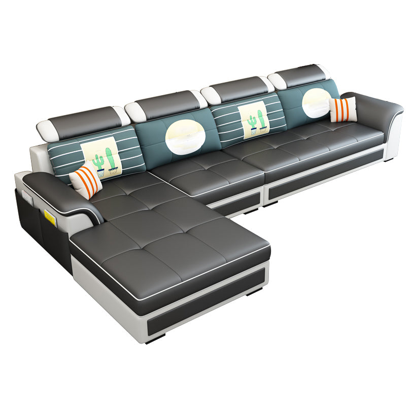 Left Facing Sofa Faux Leather/Linen Blend L-shape Sectionals with Chaise Gloss Black Clearhalo 'furn' 'furn_sectionals' 'Furniture' 'furniture_sectionals' 'Living Room Furniture' 'Sectionals' 4896236