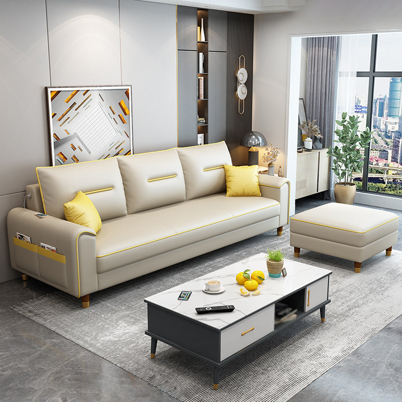 Square Arm Pillowed Back Cushions L-Shape Sectionals Sofa for 3 People Light Yellow Clearhalo 'furn' 'furn_sectionals' 'Furniture' 'furniture_sectionals' 'Living Room Furniture' 'Sectionals' 4896299