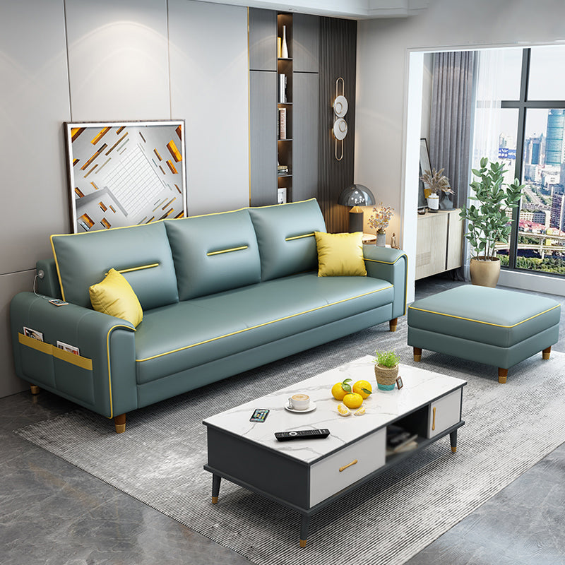 Square Arm Pillowed Back Cushions L-Shape Sectionals Sofa for 3 People Green Clearhalo 'furn' 'furn_sectionals' 'Furniture' 'furniture_sectionals' 'Living Room Furniture' 'Sectionals' 4896302