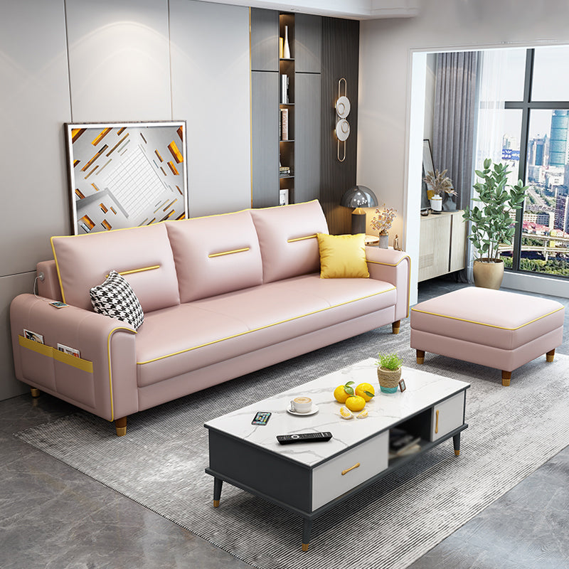 Square Arm Pillowed Back Cushions L-Shape Sectionals Sofa for 3 People Pink Clearhalo 'furn' 'furn_sectionals' 'Furniture' 'furniture_sectionals' 'Living Room Furniture' 'Sectionals' 4896307