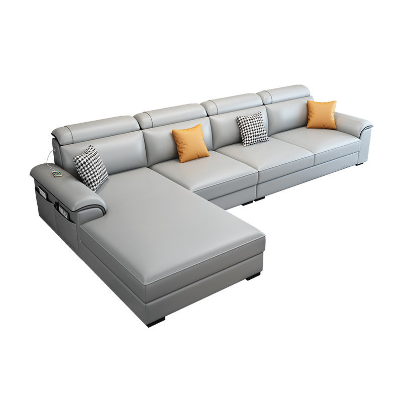 Left Facing Sofa Faux Leather/Linen L-shape 4-seat Sectionals with Chaise Silver Gray Clearhalo 'Furniture' 'furniture_sectionals' 'Living Room Furniture' 'Sectionals' 4896316