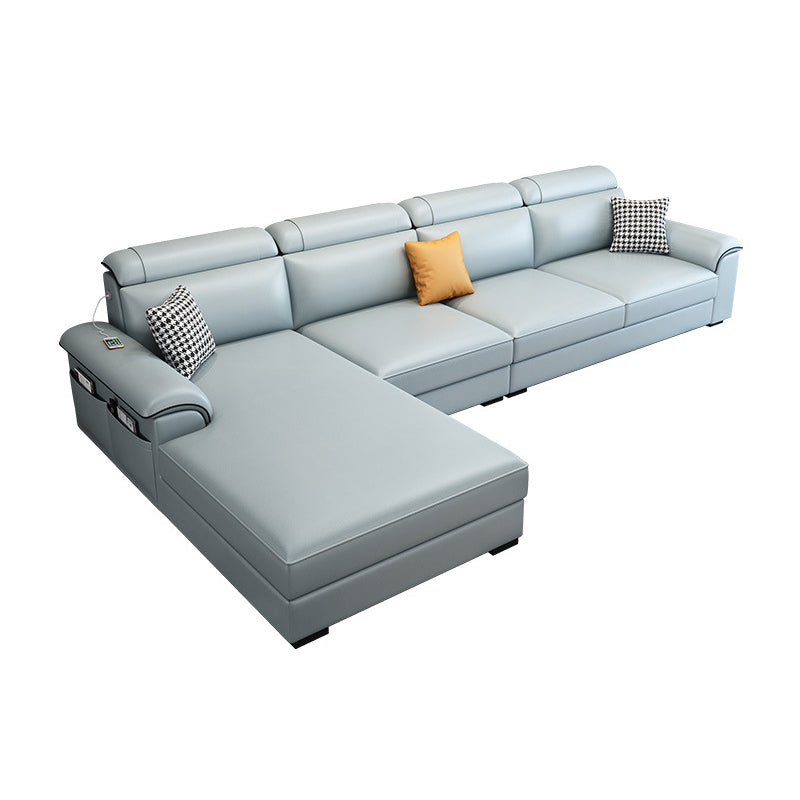 Left Facing Sofa Faux Leather/Linen L-shape 4-seat Sectionals with Chaise Light Blue Clearhalo 'Furniture' 'furniture_sectionals' 'Living Room Furniture' 'Sectionals' 4896319