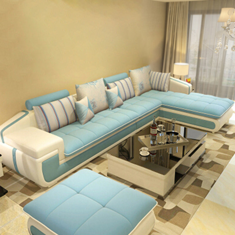 L-Shape Sofa Pillowed Back Cushions Square Arm Sectionals for Four People Light Blue Clearhalo 'furn' 'furn_sectionals' 'Furniture' 'furniture_sectionals' 'Living Room Furniture' 'Sectionals' 4896363