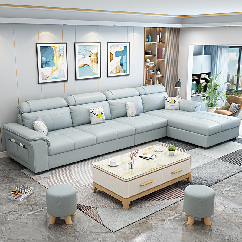 L-shape Faux Leather/Linen Sofa and Chaise Right Hand Facing Sectional with Storage Light Blue Clearhalo 'furn' 'furn_sectionals' 'Furniture' 'furniture_sectionals' 'Living Room Furniture' 'Sectionals' 4896446
