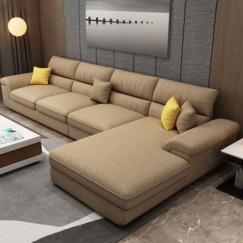L-Shape Pillowed Back Cushions Sectional Faux Leather/Cottom Blend Sofa and Chaise Cotton Blend Brown Clearhalo 'furn' 'furn_sectionals' 'Furniture' 'furniture_sectionals' 'Living Room Furniture' 'Sectionals' 4896475