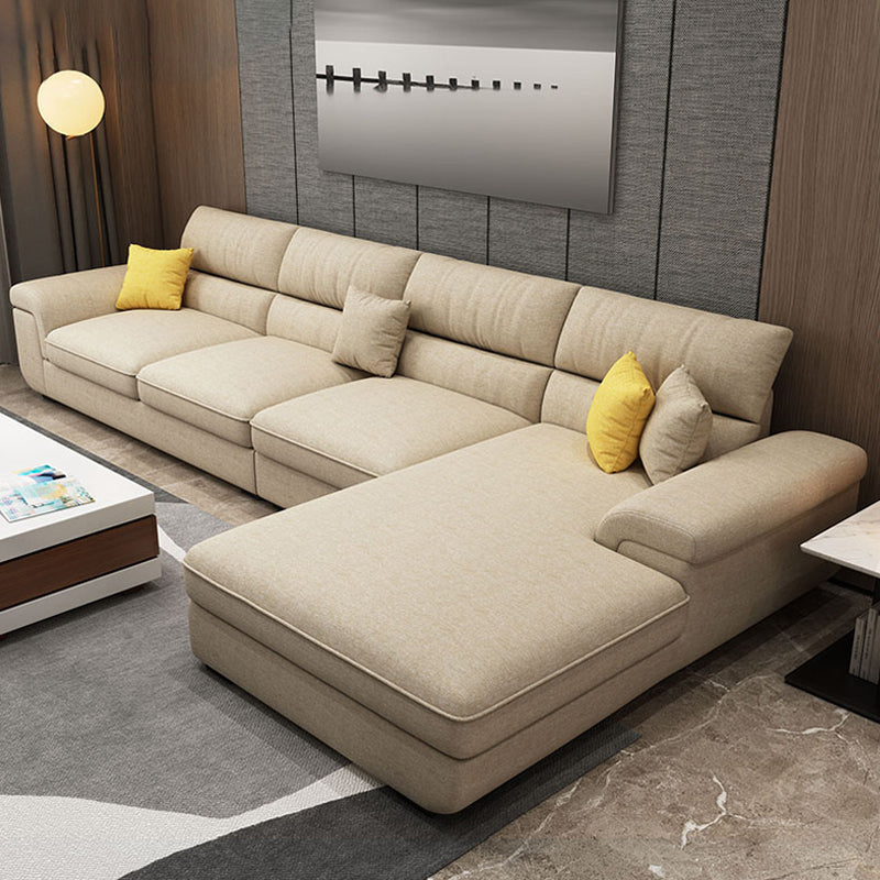 L-Shape Pillowed Back Cushions Sectional Faux Leather/Cottom Blend Sofa and Chaise Cotton Blend Light Yellow Clearhalo 'furn' 'furn_sectionals' 'Furniture' 'furniture_sectionals' 'Living Room Furniture' 'Sectionals' 4896480