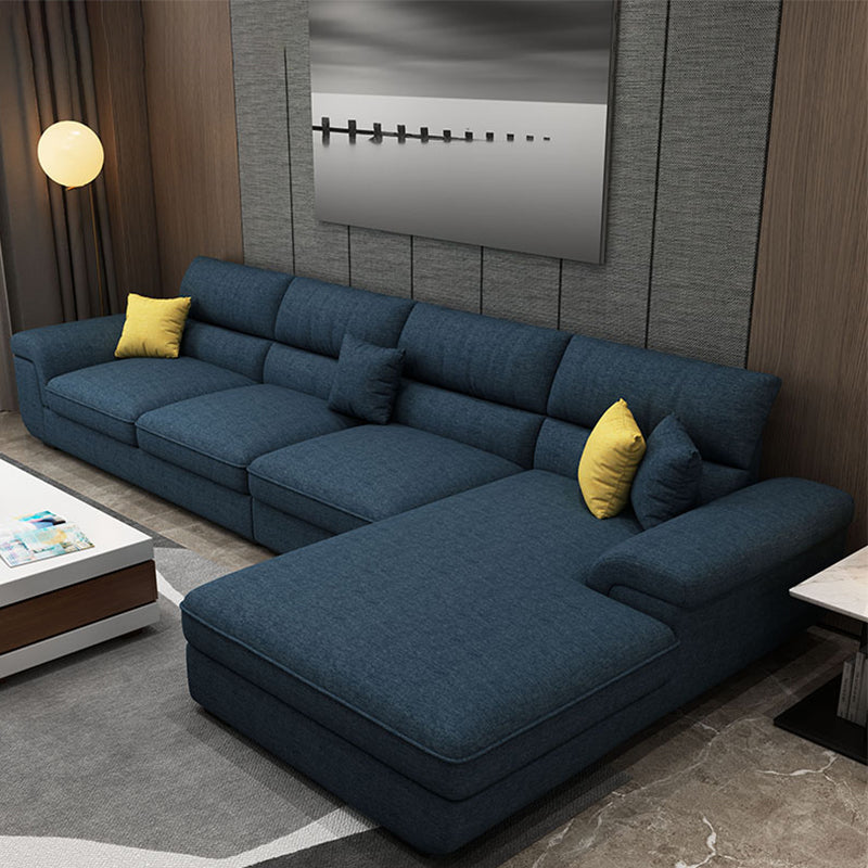 L-Shape Pillowed Back Cushions Sectional Faux Leather/Cottom Blend Sofa and Chaise Cotton Blend Dark Blue Clearhalo 'furn' 'furn_sectionals' 'Furniture' 'furniture_sectionals' 'Living Room Furniture' 'Sectionals' 4896481