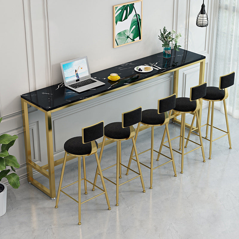 Contemporary Bar Dining Table Rectangle Bar Table with Trestle Base in Gold 86.6"L x 15.7"W x 41.3"H Black Without Chairs Clearhalo 'Bar Furniture' 'Bar Tables' 'bar_tables' 'furn' 'furn_bar_tables' 'Furniture' 'furniture_bar_tables' 'Kitchen & Dining Furniture' 4898892