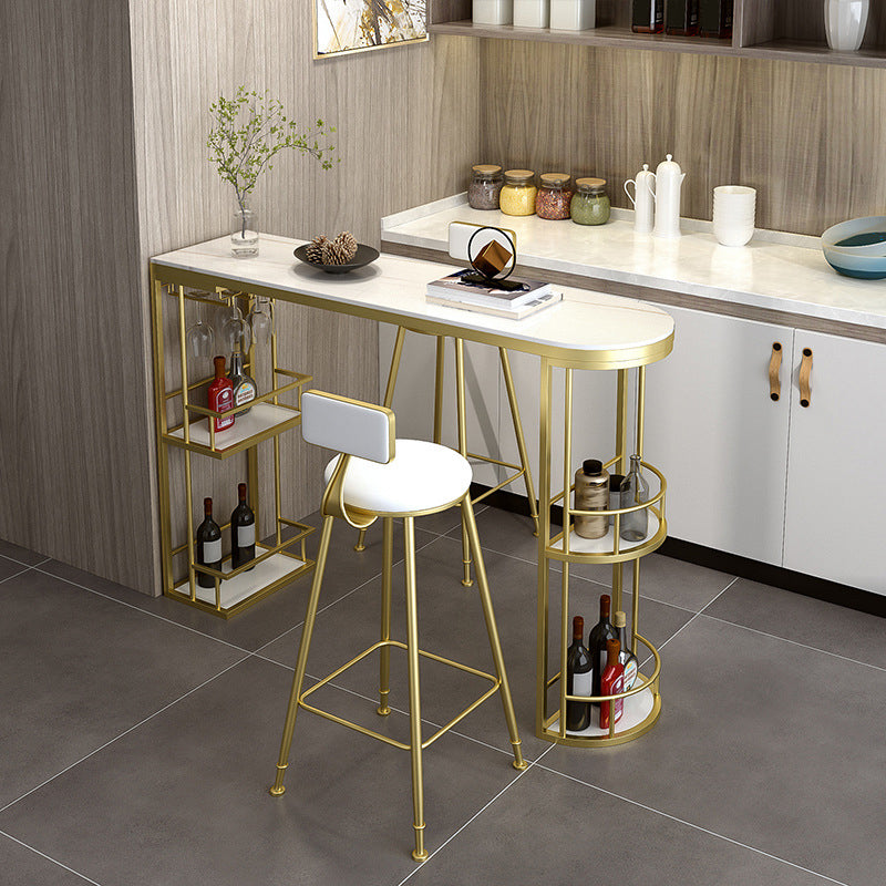 Glam Style Stone Bar Table 42-inch Height Metal Base Bistro Table for Dining Room 63"L x 15.7"W x 41.3"H Gold Without Chairs Clearhalo 'Bar Furniture' 'Bar Tables' 'bar_tables' 'furn' 'furn_bar_tables' 'Furniture' 'furniture_bar_tables' 'Kitchen & Dining Furniture' 4899145