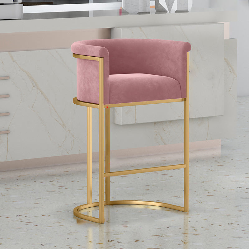 Glam Backrest Armrest Counter Stool Iron Cafe Bar Stool with Velvet Cushion and Pedal Pink Bar Stool(30"H) Clearhalo 'Bar Furniture' 'Bar Stools' 'bar_stools' 'furn' 'furn_bar_stools' 'Furniture' 'furniture_bar_stools' 'Kitchen & Dining Furniture' 4899275