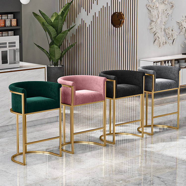 Glam Armrest Backrest Counter Stool Iron Cafe Bar Stool with Flannel Cushion and Pedal Clearhalo 'Bar Furniture' 'Bar Stools' 'bar_stools' 'furn' 'furn_bar_stools' 'Furniture' 'furniture_bar_stools' 'Kitchen & Dining Furniture' 4899334