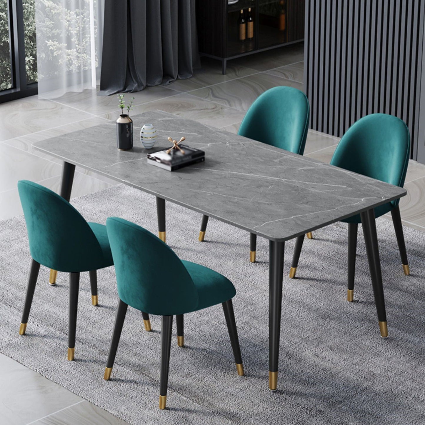 Glam 1/2/3/5/7 Pieces Dining Set Rectangular Sintered Stone Dining Table Set 5 Pieces: Grey Table, 4 Blue Chairs Clearhalo 'Dining Room Sets' 'Dining Tables & Seating' 'dining_room_set' 'furn' 'furn_dining_room_set' 'Furniture' 'furniture_dining_room_set' 'Kitchen & Dining Furniture' 4900100