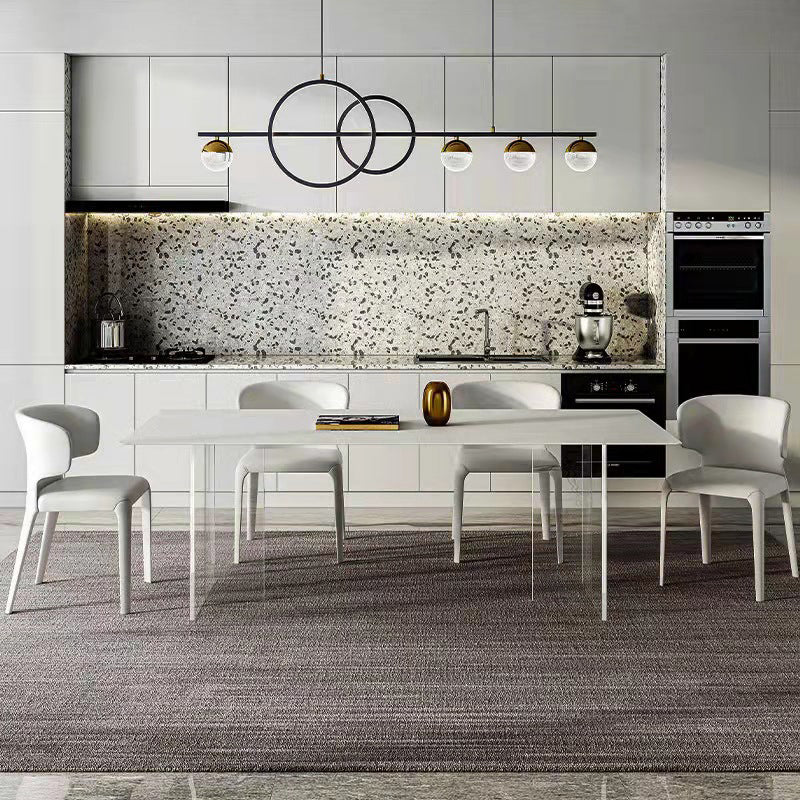 Modern White Dining Room Table Rectangle Acrylic and Stone Double Pedestal Table Clearhalo 'Dining Tables & Seating' 'Dining Tables' 'dining_table' 'furn' 'furn_dining_table' 'Furniture' 'furniture_dining_table' 'Kitchen & Dining Furniture' 'kitchen' 'kitchen_dining_table' 4900424