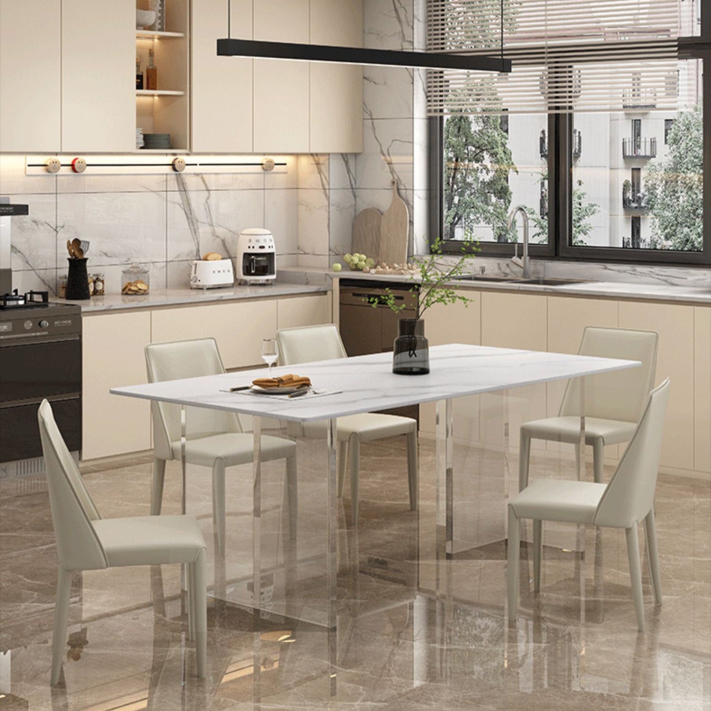 Modern White Dining Room Table Rectangle Acrylic and Stone Double Pedestal Table Clearhalo 'Dining Tables & Seating' 'Dining Tables' 'dining_table' 'furn' 'furn_dining_table' 'Furniture' 'furniture_dining_table' 'Kitchen & Dining Furniture' 'kitchen' 'kitchen_dining_table' 4900432