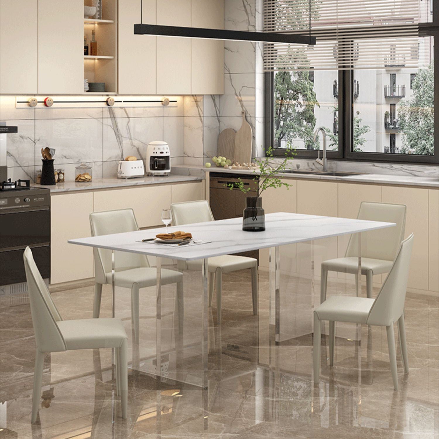 Modern White Dining Room Table Rectangle Acrylic and Stone Double Pedestal Table Clearhalo 'Dining Tables & Seating' 'Dining Tables' 'dining_table' 'furn' 'furn_dining_table' 'Furniture' 'furniture_dining_table' 'Kitchen & Dining Furniture' 'kitchen' 'kitchen_dining_table' 4900432