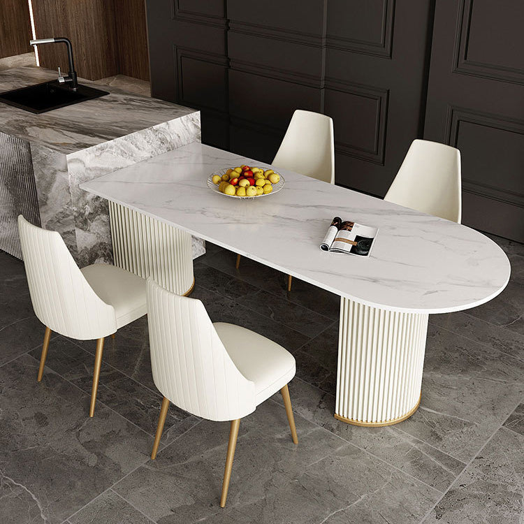Metal Traditional Luxury Dining Table Free Form Sintered Stone Table with Double Pedestal White 55.1"L x 31.5"W x 29.5"H Without Chairs Clearhalo 'Dining Tables & Seating' 'Dining Tables' 'dining_table' 'furn' 'furn_dining_table' 'Furniture' 'furniture_dining_table' 'Kitchen & Dining Furniture' 'kitchen' 'kitchen_dining_table' 4900547