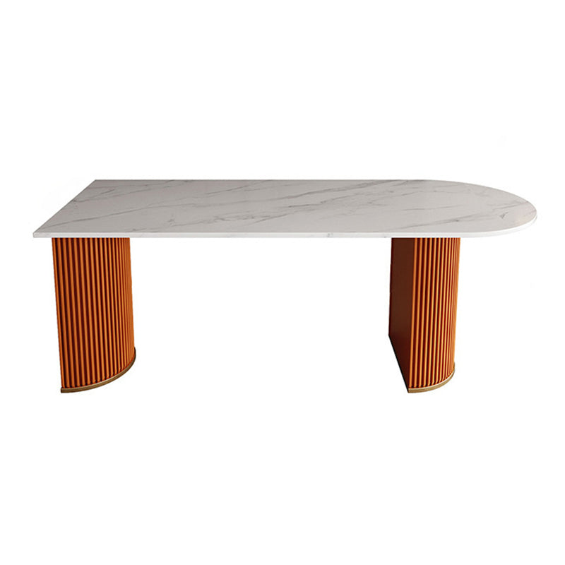 Metal Traditional Luxury Dining Table Free Form Sintered Stone Table with Double Pedestal Orange 55.1"L x 31.5"W x 29.5"H Without Chairs Clearhalo 'Dining Tables & Seating' 'Dining Tables' 'dining_table' 'furn' 'furn_dining_table' 'Furniture' 'furniture_dining_table' 'Kitchen & Dining Furniture' 'kitchen' 'kitchen_dining_table' 4900548