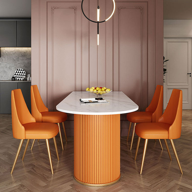 Metal Traditional Luxury Dining Table Free Form Sintered Stone Table with Double Pedestal Orange 70.9"L x 31.5"W x 29.5"H Without Chairs Clearhalo 'Dining Tables & Seating' 'Dining Tables' 'dining_table' 'furn' 'furn_dining_table' 'Furniture' 'furniture_dining_table' 'Kitchen & Dining Furniture' 'kitchen' 'kitchen_dining_table' 4900550