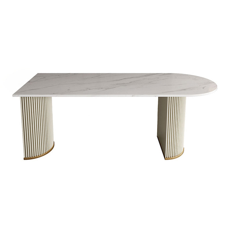 Metal Traditional Luxury Dining Table Free Form Sintered Stone Table with Double Pedestal White 63"L x 31.5"W x 29.5"H Without Chairs Clearhalo 'Dining Tables & Seating' 'Dining Tables' 'dining_table' 'furn' 'furn_dining_table' 'Furniture' 'furniture_dining_table' 'Kitchen & Dining Furniture' 'kitchen' 'kitchen_dining_table' 4900552