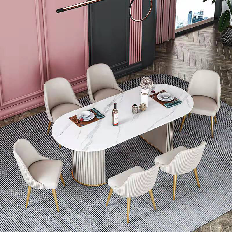 Oval Sintered Stone Dining Table Traditional Luxury Double Pedestal Table White 55.1"L x 31.5"W x 29.5"H Without Chairs Clearhalo 'Dining Tables & Seating' 'Dining Tables' 'dining_table' 'furn' 'furn_dining_table' 'Furniture' 'furniture_dining_table' 'Kitchen & Dining Furniture' 'kitchen' 'kitchen_dining_table' 4900617
