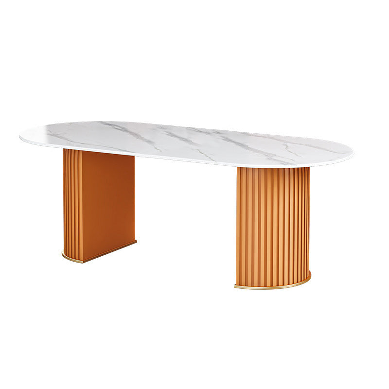 Oval Sintered Stone Dining Table Traditional Luxury Double Pedestal Table Orange Without Chairs Clearhalo 'Dining Tables & Seating' 'Dining Tables' 'dining_table' 'furn' 'furn_dining_table' 'Furniture' 'furniture_dining_table' 'Kitchen & Dining Furniture' 'kitchen' 'kitchen_dining_table' 4900621