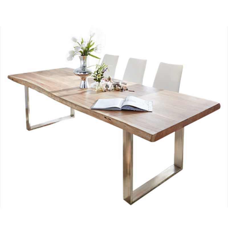 Modern Pine Wood Table for Restaurant Rectangle Dining Table with Silver Double Pedestal Without Chairs Clearhalo 'Dining Tables & Seating' 'Dining Tables' 'dining_table' 'furn' 'furn_dining_table' 'Furniture' 'furniture_dining_table' 'Kitchen & Dining Furniture' 'kitchen' 'kitchen_dining_table' 4900688