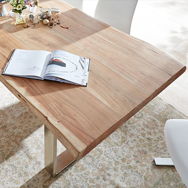 Modern Pine Wood Table for Restaurant Rectangle Dining Table with Silver Double Pedestal Clearhalo 'Dining Tables & Seating' 'Dining Tables' 'dining_table' 'furn' 'furn_dining_table' 'Furniture' 'furniture_dining_table' 'Kitchen & Dining Furniture' 'kitchen' 'kitchen_dining_table' 4900690