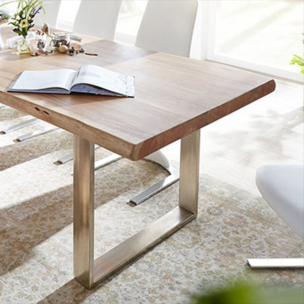 Modern Pine Wood Table for Restaurant Rectangle Dining Table with Silver Double Pedestal Clearhalo 'Dining Tables & Seating' 'Dining Tables' 'dining_table' 'furn' 'furn_dining_table' 'Furniture' 'furniture_dining_table' 'Kitchen & Dining Furniture' 'kitchen' 'kitchen_dining_table' 4900692