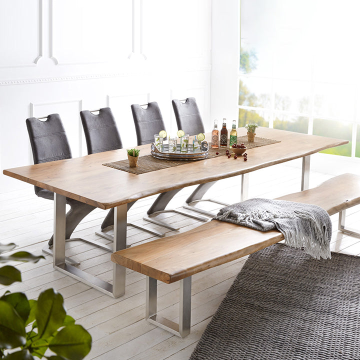 Modern Pine Wood Table for Restaurant Rectangle Dining Table with Silver Double Pedestal Clearhalo 'Dining Tables & Seating' 'Dining Tables' 'dining_table' 'furn' 'furn_dining_table' 'Furniture' 'furniture_dining_table' 'Kitchen & Dining Furniture' 'kitchen' 'kitchen_dining_table' 4900693
