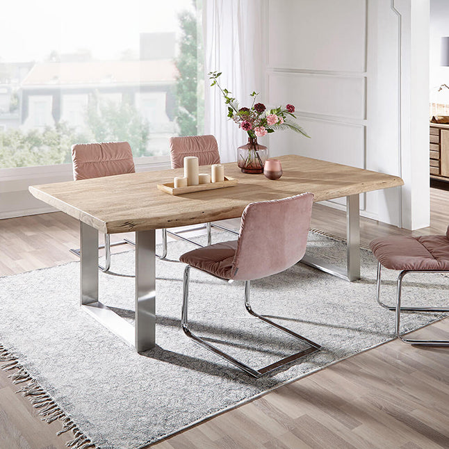 Modern Pine Wood Table for Restaurant Rectangle Dining Table with Silver Double Pedestal Clearhalo 'Dining Tables & Seating' 'Dining Tables' 'dining_table' 'furn' 'furn_dining_table' 'Furniture' 'furniture_dining_table' 'Kitchen & Dining Furniture' 'kitchen' 'kitchen_dining_table' 4900695