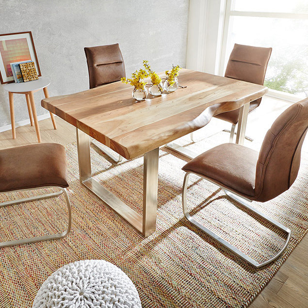 Modern Pine Wood Table for Restaurant Rectangle Dining Table with Silver Double Pedestal Clearhalo 'Dining Tables & Seating' 'Dining Tables' 'dining_table' 'furn' 'furn_dining_table' 'Furniture' 'furniture_dining_table' 'Kitchen & Dining Furniture' 'kitchen' 'kitchen_dining_table' 4900696