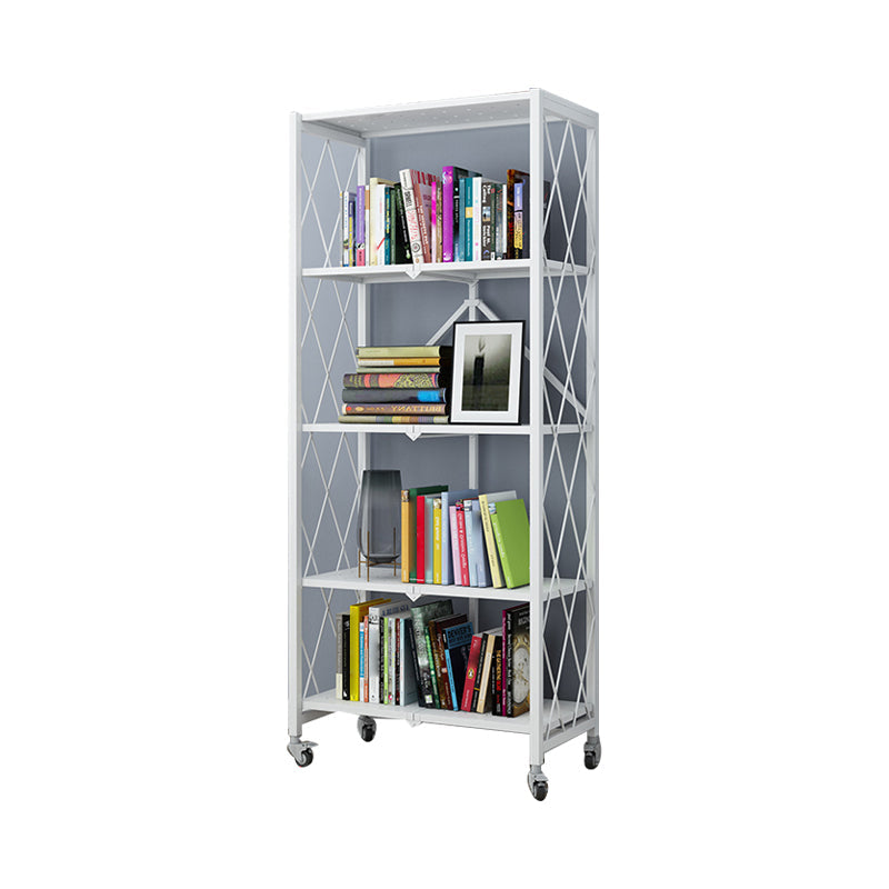 Industrial Folding Steel Etagere Bookshelf Open Bookshelf with Caster Wheels 28.1"L x 14.4"W x 64.2"H White Clearhalo 'Bookcases' 'furn' 'furn_bookcases' 'Furniture' 'furniture_bookcases' 'Office Furniture' 4901691