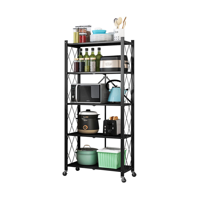 Industrial Folding Steel Etagere Bookshelf Open Bookshelf with Caster Wheels 28.1"L x 14.4"W x 64.2"H Black Clearhalo 'Bookcases' 'furn' 'furn_bookcases' 'Furniture' 'furniture_bookcases' 'Office Furniture' 4901707