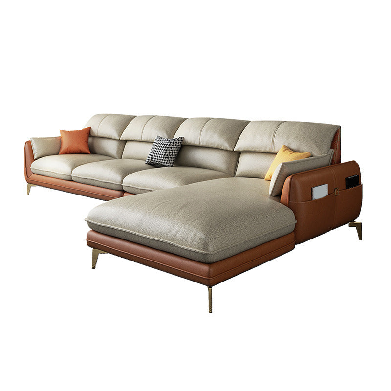 Pillow Top Arm Faux Leather Sofa and Chaise L-Shape Sectional with Storage for Apartment Orange Clearhalo 'furn' 'furn_sectionals' 'Furniture' 'furniture_sectionals' 'Living Room Furniture' 'Sectionals' 4908552