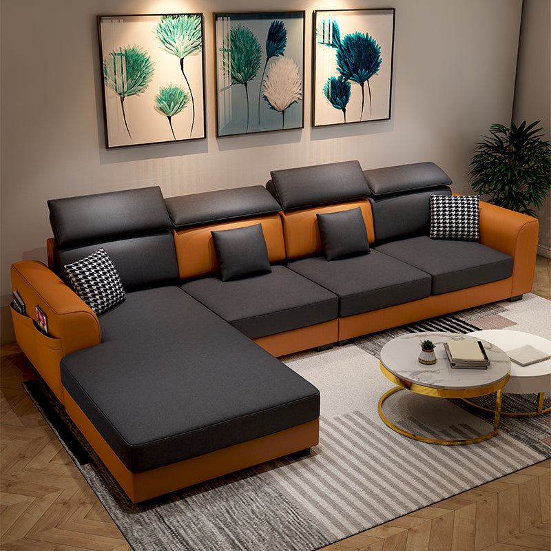 Recessed Arm Storage Faux Leather Sectional Cushion Back Sofa and Chaise Black-Orange Clearhalo 'furn' 'furn_sectionals' 'Furniture' 'furniture_sectionals' 'Living Room Furniture' 'Sectionals' 4908660
