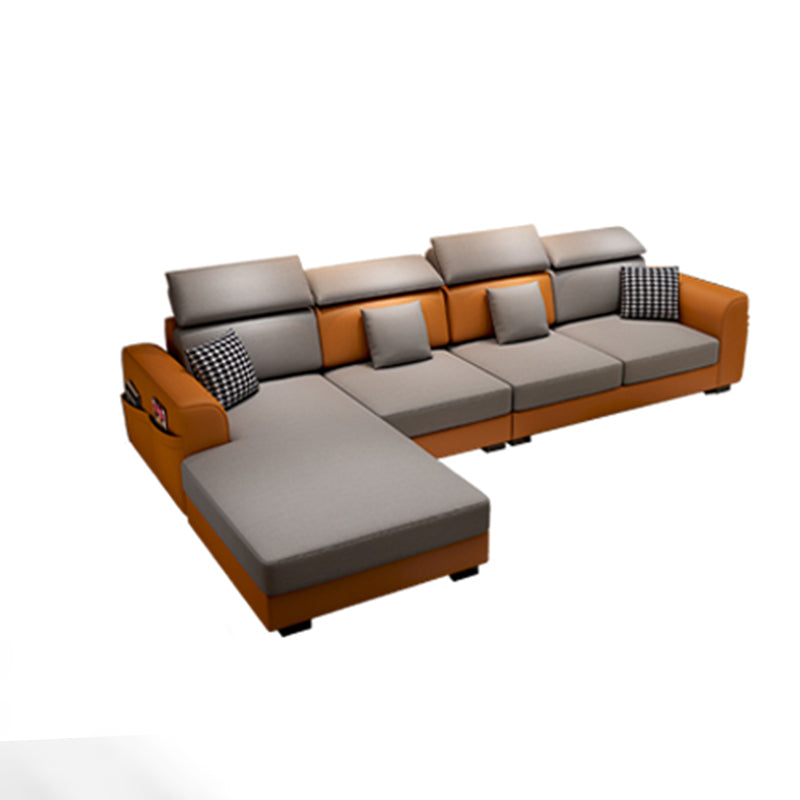 Recessed Arm Storage Faux Leather Sectional Cushion Back Sofa and Chaise Grey Orange Sponge Clearhalo 'furn' 'furn_sectionals' 'Furniture' 'furniture_sectionals' 'Living Room Furniture' 'Sectionals' 4908665