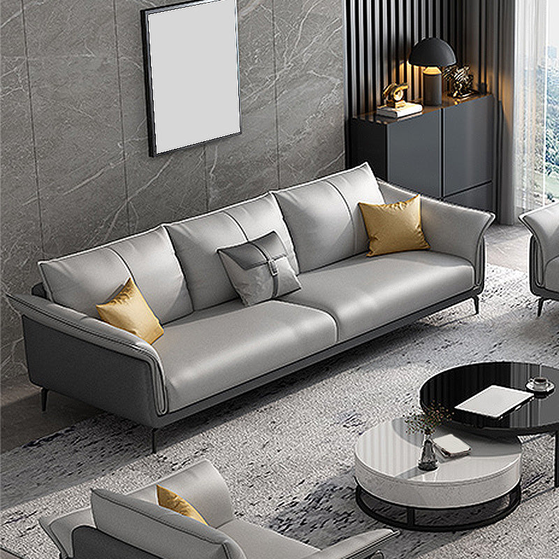 Light-grey Faux Leather Pillow Top Arm Sofa/Sectional with Stain-Resistant Clearhalo 'furn' 'furn_sectionals' 'Furniture' 'furniture_sectionals' 'Living Room Furniture' 'Sectionals' 4908732